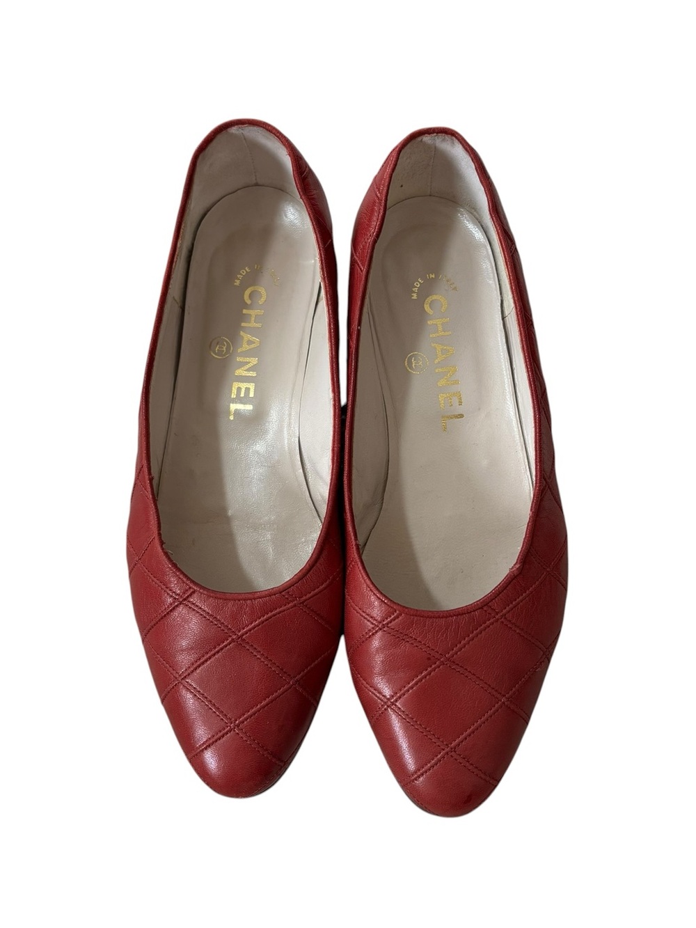 CHANEL Red Quilted Leather Round-Toe Ballet Flats